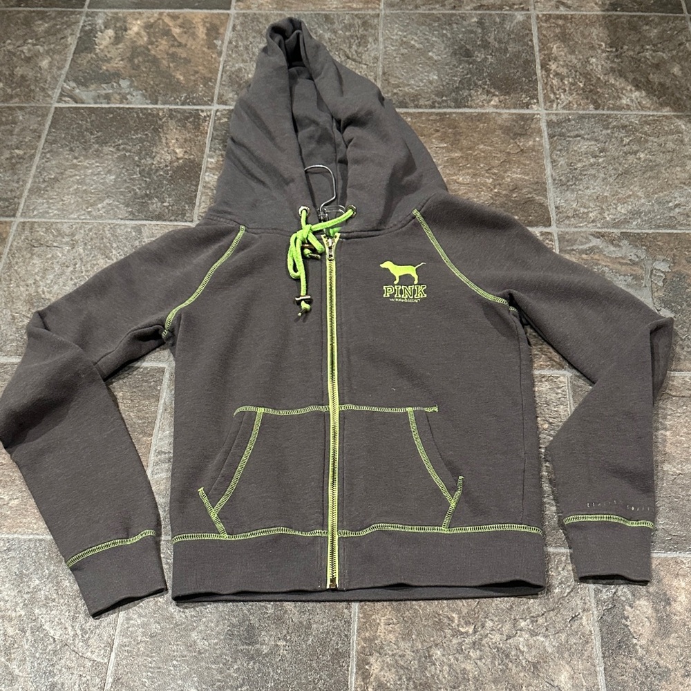 PINK Victoria's Secret Gray Hoodie with Green Details